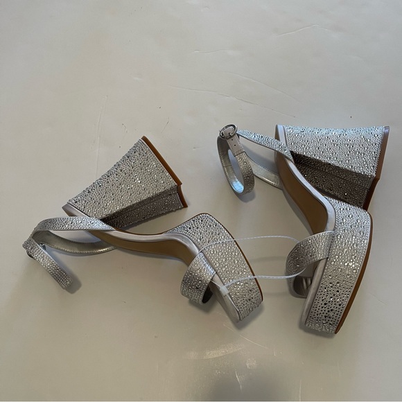 Silver Rhinestone Embellishements Buckle Closure Platform Dress Sandals - Picture 2 of 6